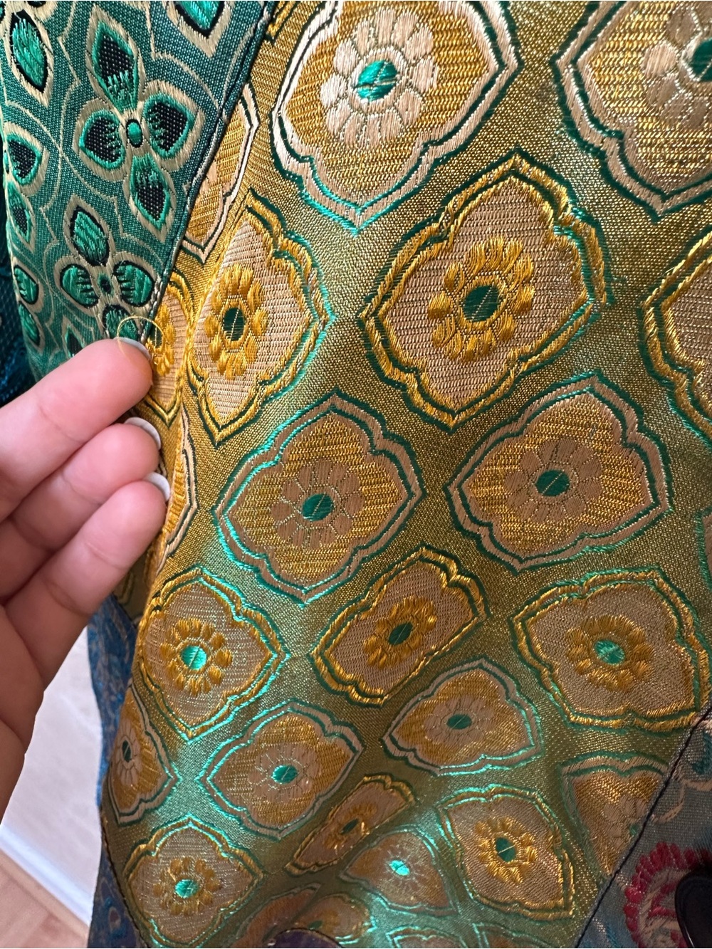 Sacred Threads Multicolor Patchwork Satin Button-Front Top - Picture 7 of 13